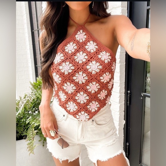 Pink Lily Tops - Pink lily loved by you brown halter neck size L NWOT